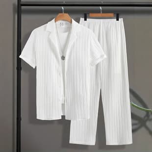Export Men's Suit Set Ribbed Suit Collar Short Sleeve Button-Down Top Long Pants Solid Casual Two-Piece Set Cross-Border Drop Shipping