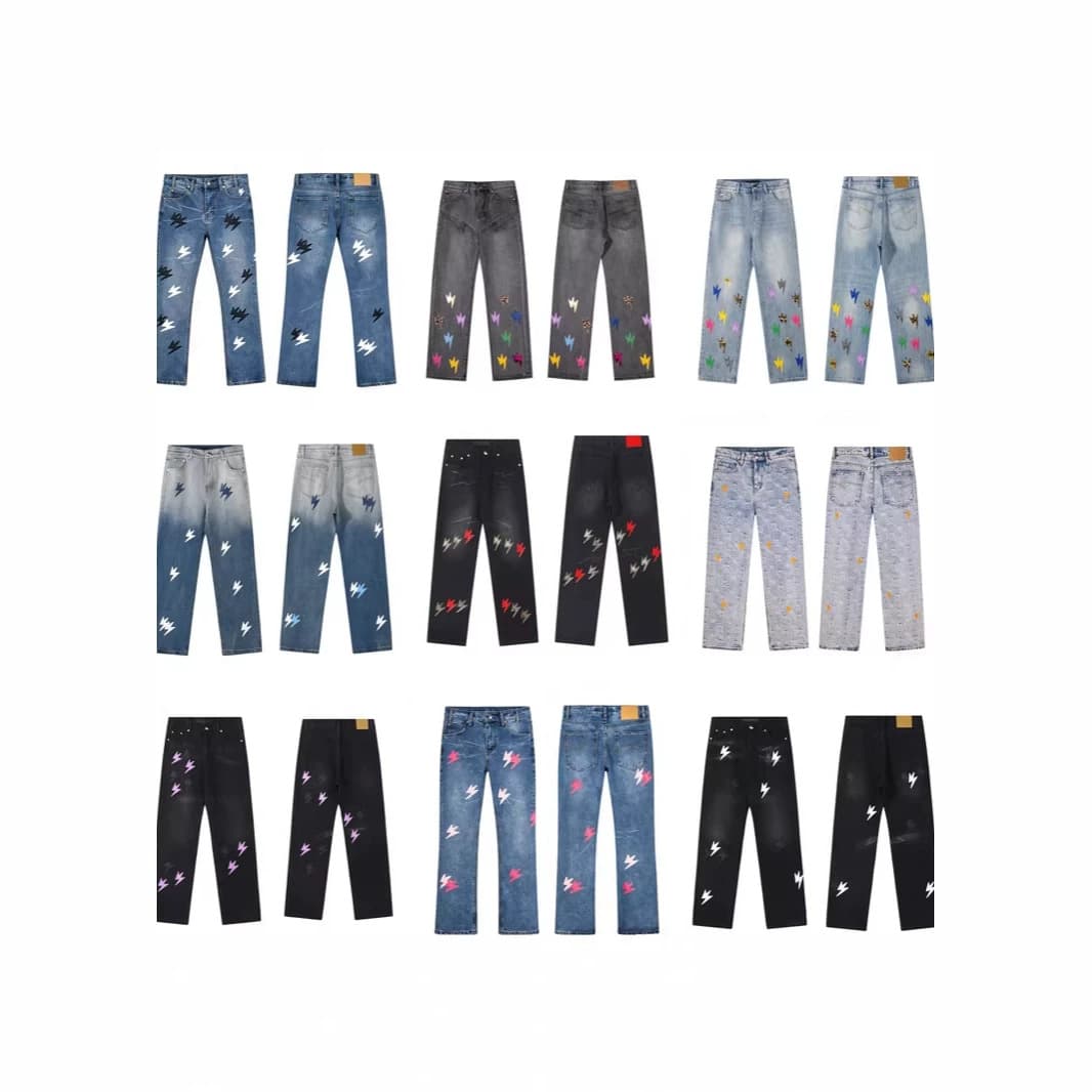 26SS Cross-border High Quality Amex New Lightning Bull Embroidered Straight Leg Jeans American High Street Casual Pants for Men and Women