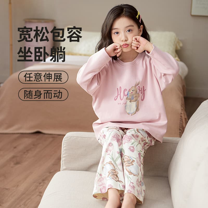 Girls' Pajamas 100% Cotton Long Sleeve Spring Autumn Kids Cute Girls' Sleepwear Teen Student Set