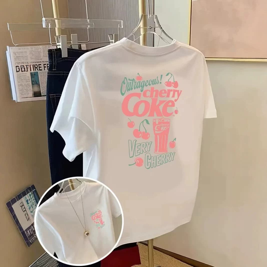 2026 Lady's Tops Cherry Coke Graphic T-Shirt Front and Back Print Casual Crew Neck Short Sleeve