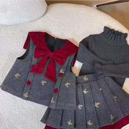 Girls winter thickened and warm three-piece set 2025 new girls bow vest sweater pleated skirt two-piece set