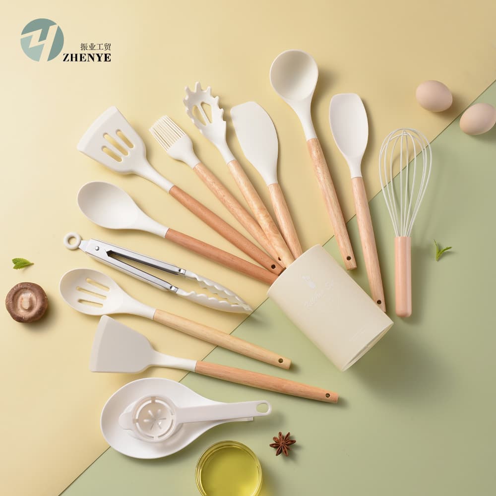 Lightweight Wood Handle Silicone Kitchen Utensils 11-Piece Set - Cooking Spatula and Spoon Set