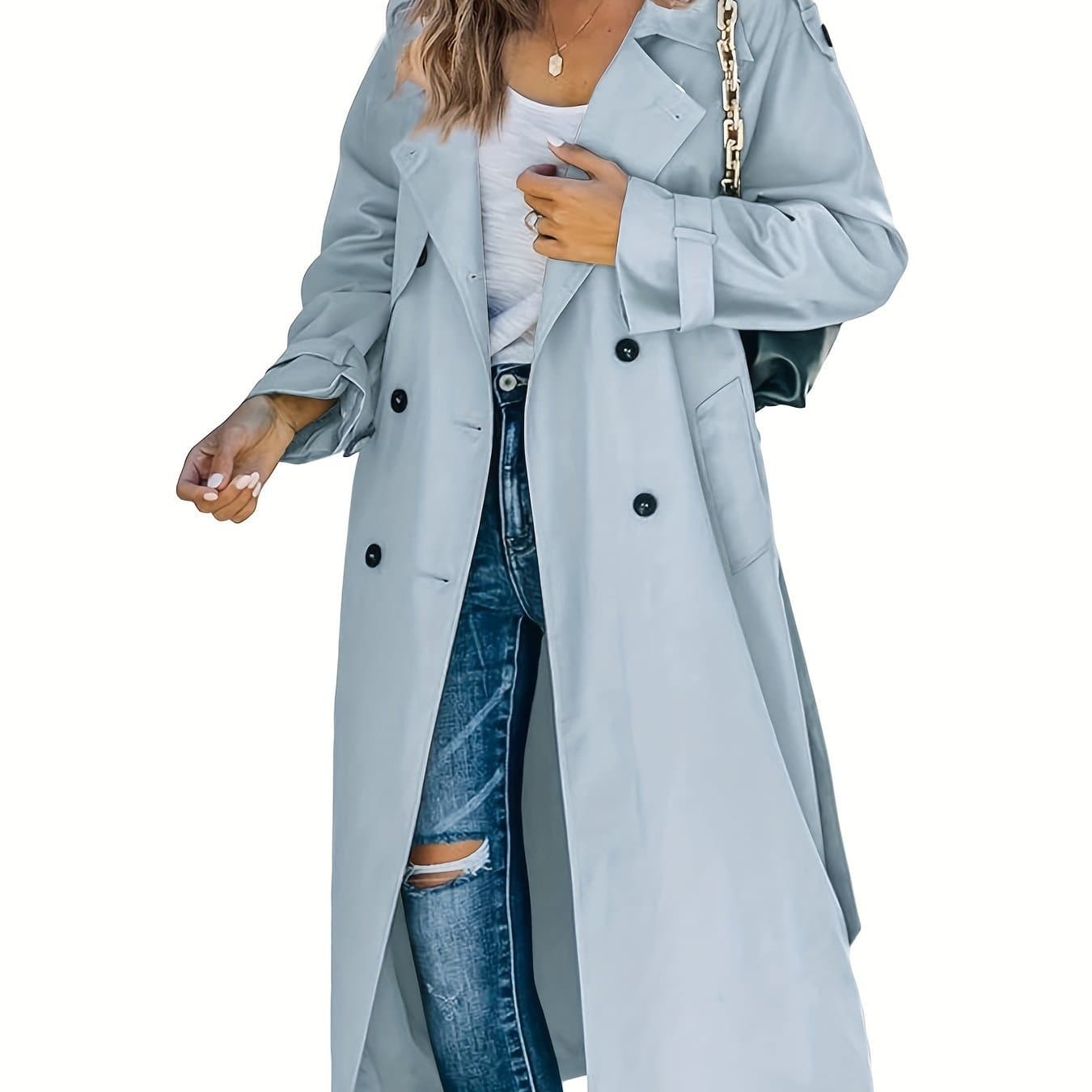 Women's Double Breasted Long Trench Coat Windproof Classic