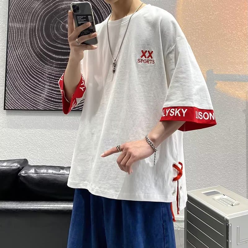 Youthful Oversize T-Shirt Men's Fashionable Split Side Hem Anomaly Design Short Sleeve Hip Hop Polyester Fiber round Neck Spring Summer
