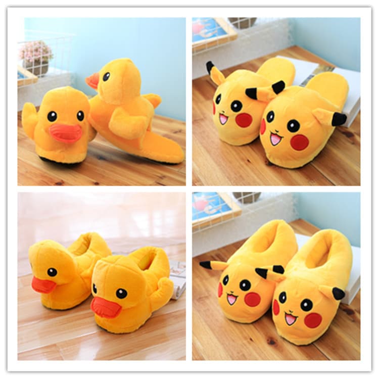 Cute Cartoon Duckling Slippers For Couples Plush Material Warm Cotton Shoes For Indoor Home Use