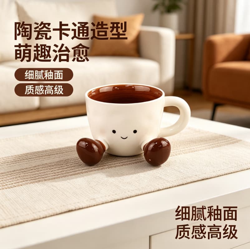 Cute 3D Short-Legged Feet Ceramic Mug 300ml Cartoon Smiley Face Coffee Cup Home Breakfast Cup
