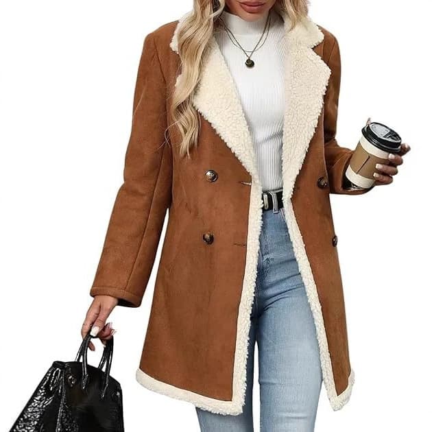 Women's Winter Notch Lapel Double-Breasted Coat with Sherpa Wool Lining, Faux Suede Jacket for Cross-Border European and American Market