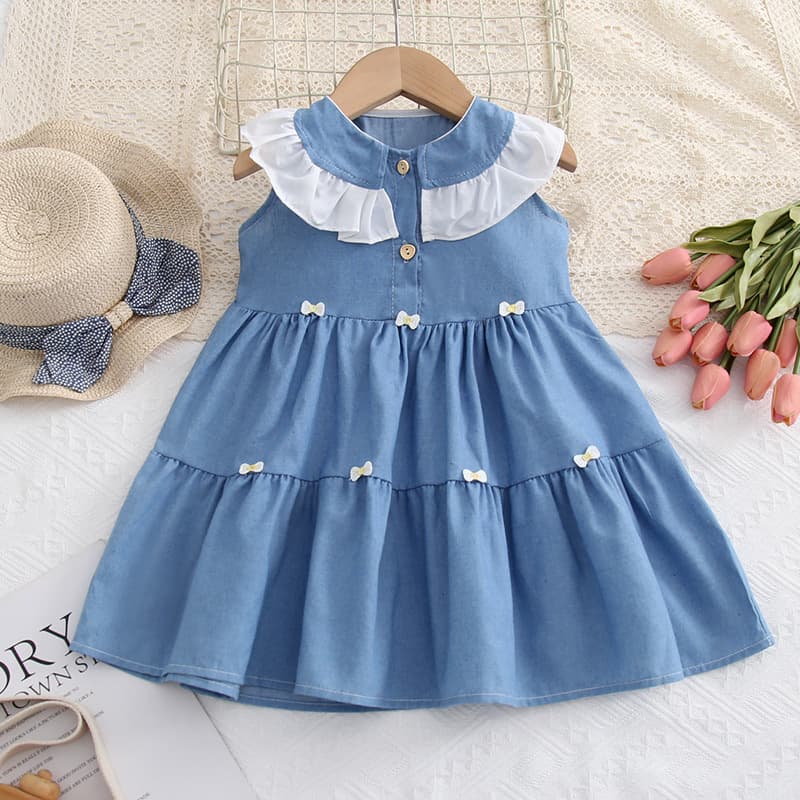Summer Kids Girls Dress with Baby Collar, Fashionable Denim Dress for Toddler Girls 92975