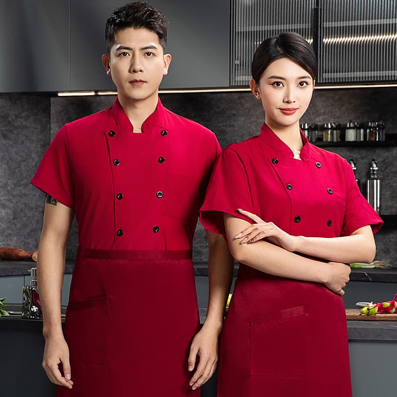 Solid color chef uniform custom logo double-breasted short-sleeved women's summer restaurant hot pot restaurant kitchen hotel work clothes for men