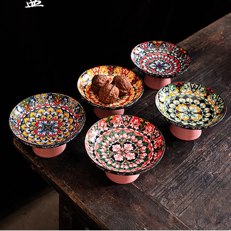 Vintage Colorful Pattern Fruit Bowl Creative Pedestal Design Small Pedestal Fruit Plate Ceramic Tray
