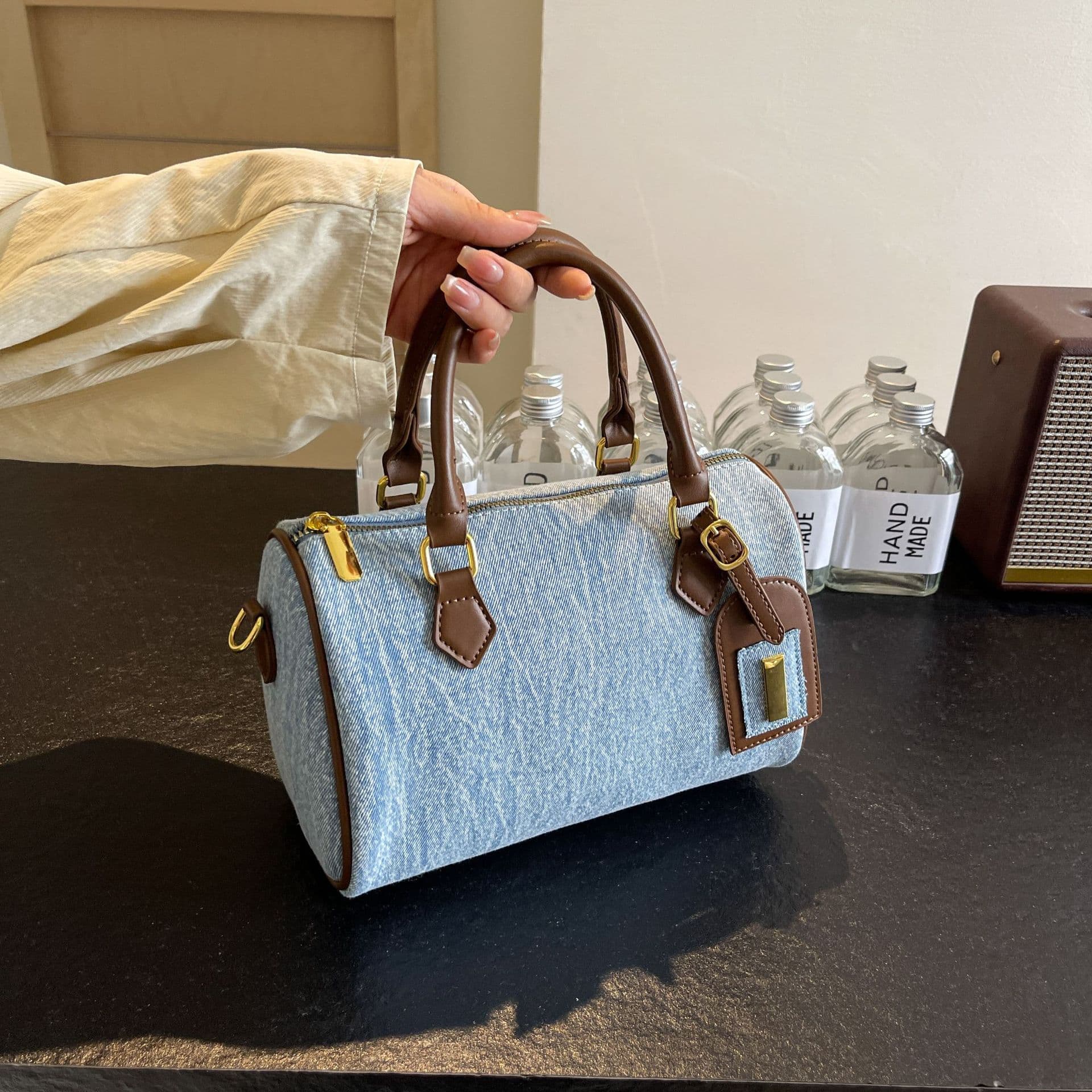 Retro casual Boston bag, versatile commuter handbag, bags, denim pillow bag, women's shoulder crossbody bag