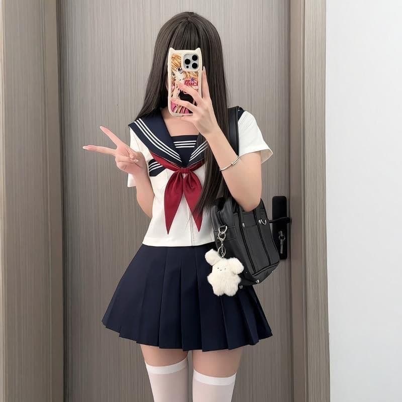 Original JK Uniform School-Inspired Basic White Three-Bar Short-Sleeve School Blouse, Versatile Navy Blue Pleated Skirt Set