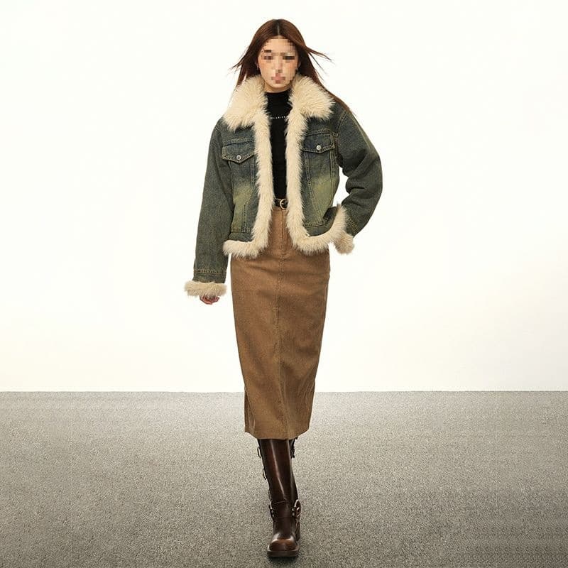 2025 Thickened Fleece-Lined Denim Cotton Coat for Women Winter New Design Sense Niche Patchwork Fur Collar Cotton Jacket