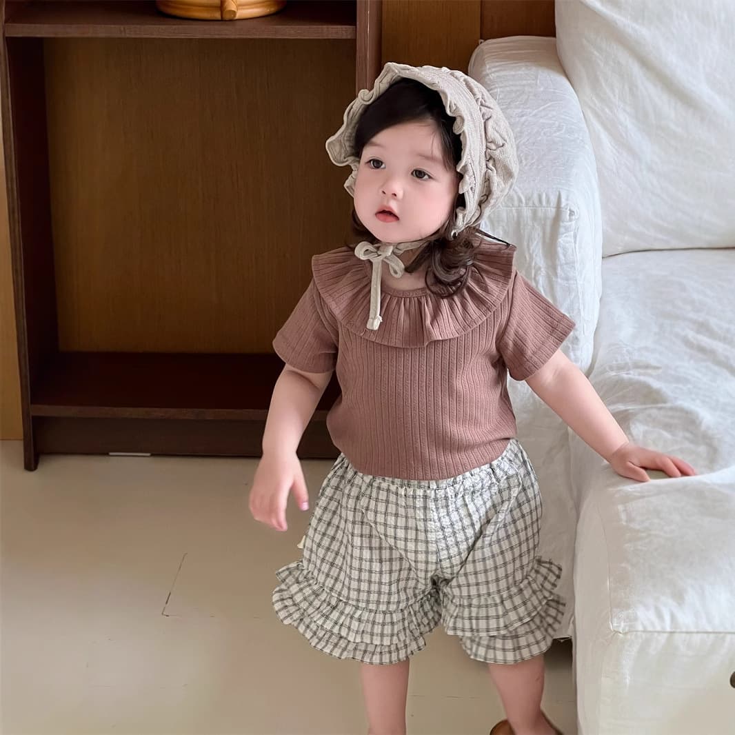 Baby Summer Thin Korean Style Girls Short Sleeve T-Shirt Plaid Shorts Set Factory Wholesale Custom