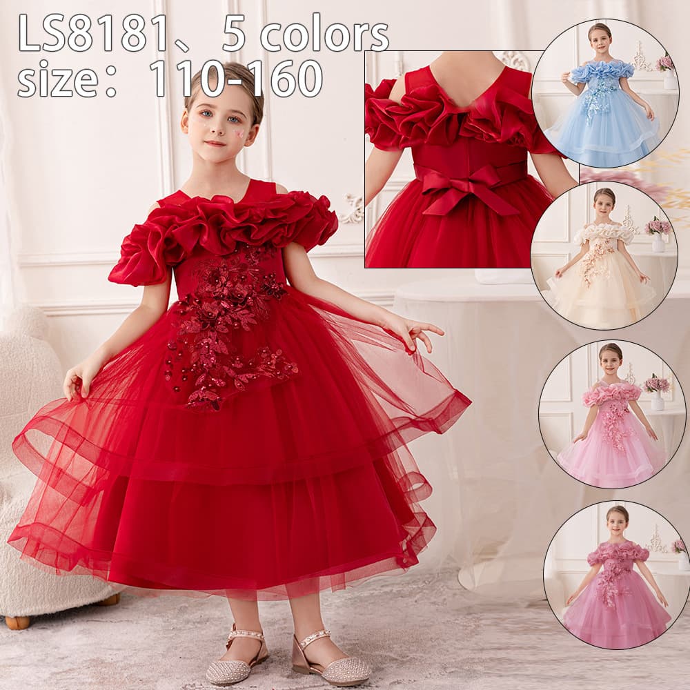 Children's Formal Dress One-Shoulder Tulle Princess Gown Girl Wedding Banquet Piano Performance Kids Dress