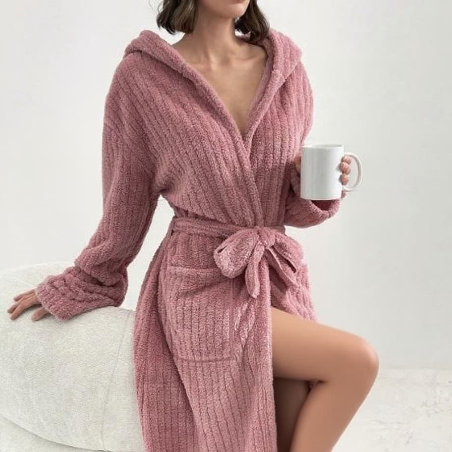 Ribbed Hooded Bathrobe Unisex Wearable Towel Coral Fleece Home Long Sleeve Bath Wrap Tie-Front Soft Bathrobe