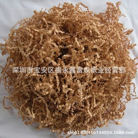 Raffia grass, crinkled kraft paper shreds, paper scraps, wine box fillers wholesale, fruit wave paper shreds.