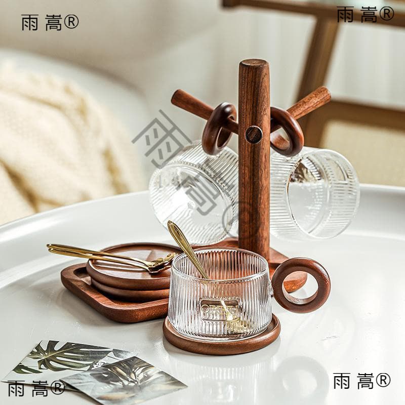Glass coffee cup and saucer set Japanese-style transparent afternoon tea cup high temperature resistant household wooden handle water cup with coffee spoon