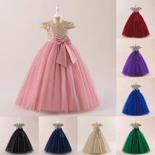 Amazon Girls Princess Dress Tulle Bow Flower Girl Wedding Long Dress Children's Banquet Party Gown