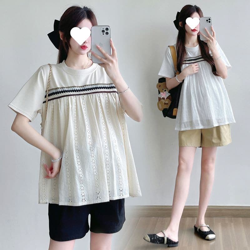 D6C Maternity Top Summer Thin Loose Fit Embroidered Smock Dress Women's Summer Set Two