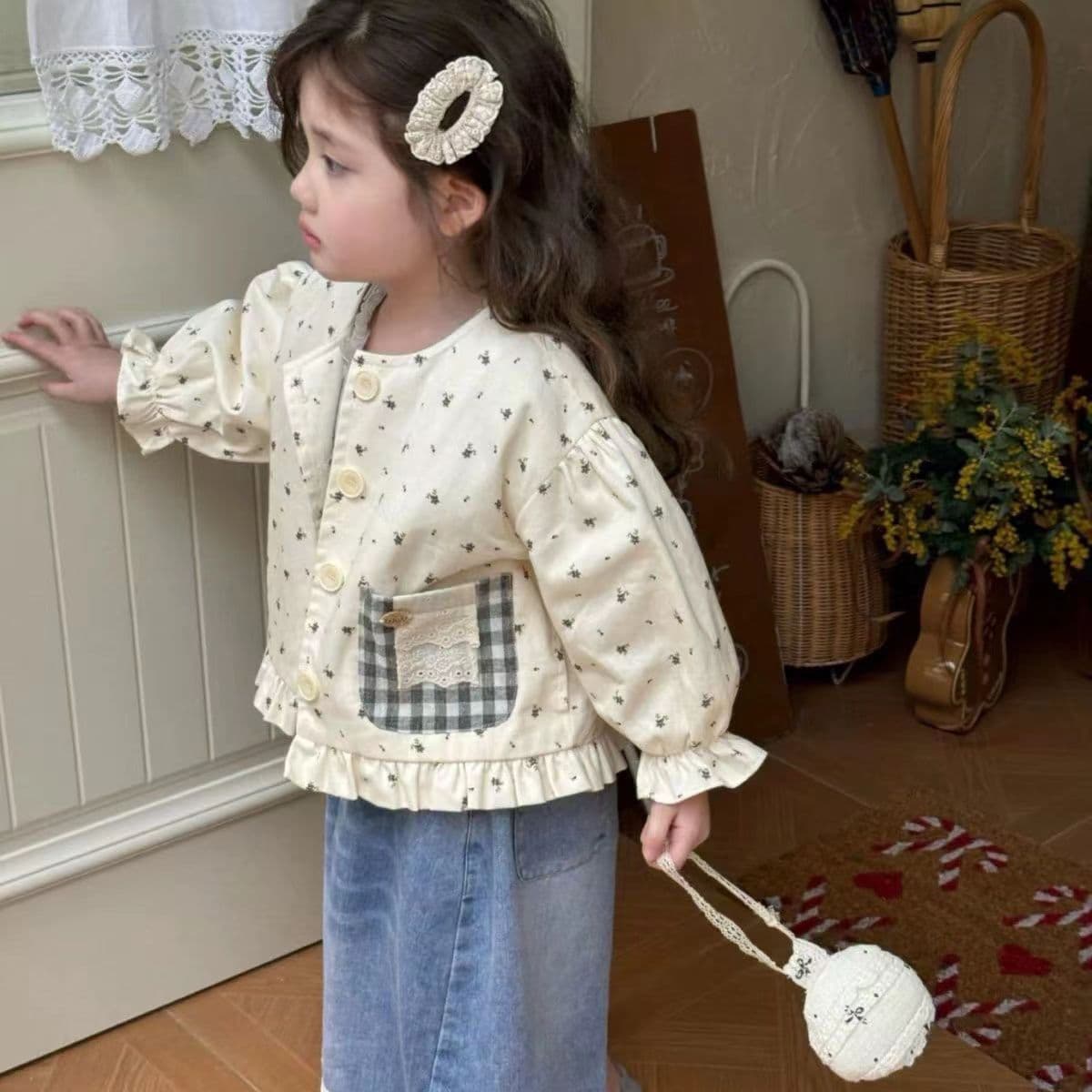 2026 Spring New Arrival Girls' Kids Korean Style Cotton Sweet Floral Plaid Pocket Trendy Jacket