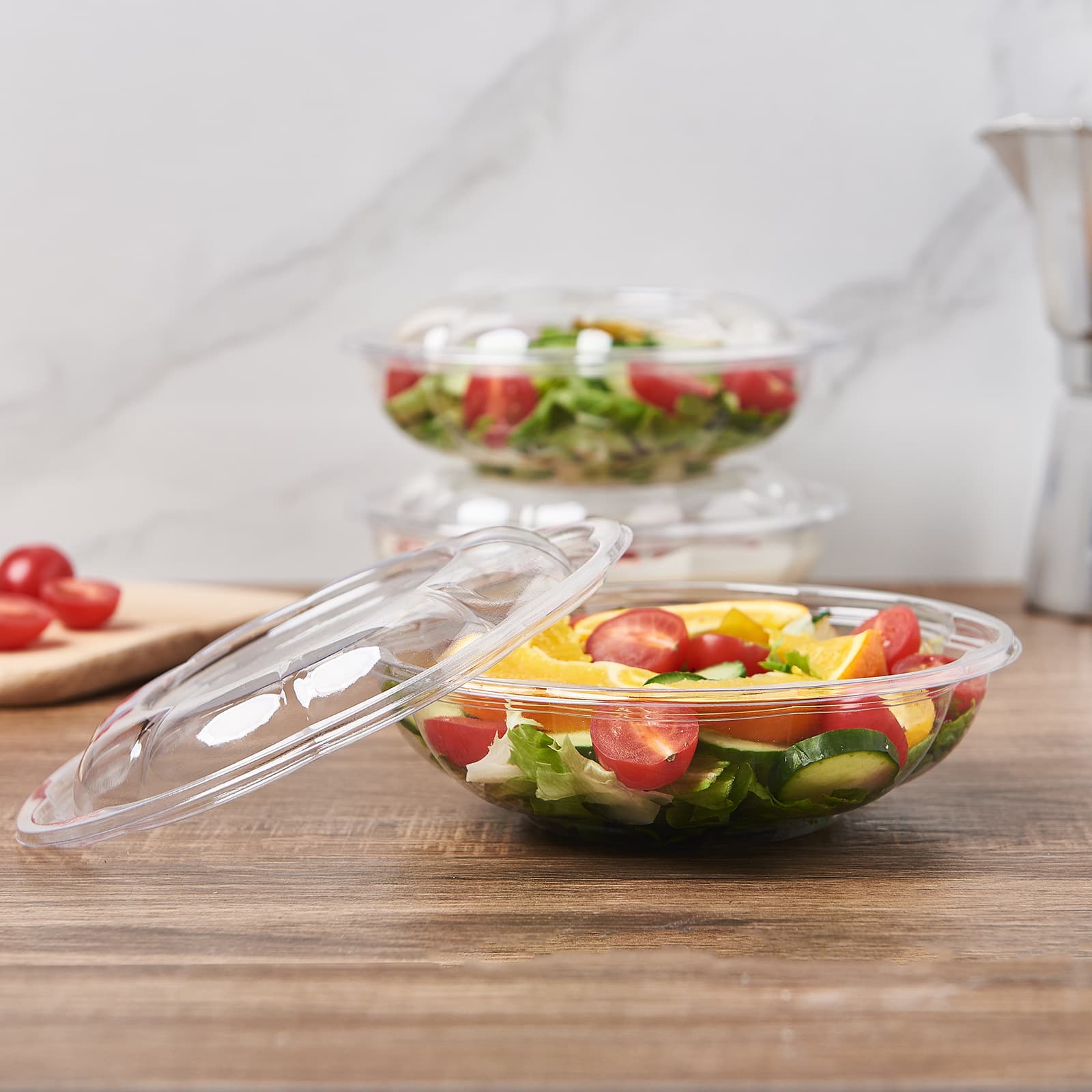 Fuling ready stock blister-pack disposable salad bowl PET bowl 18 OZ with lid, high transparency thickened disposable plum blossom bowl