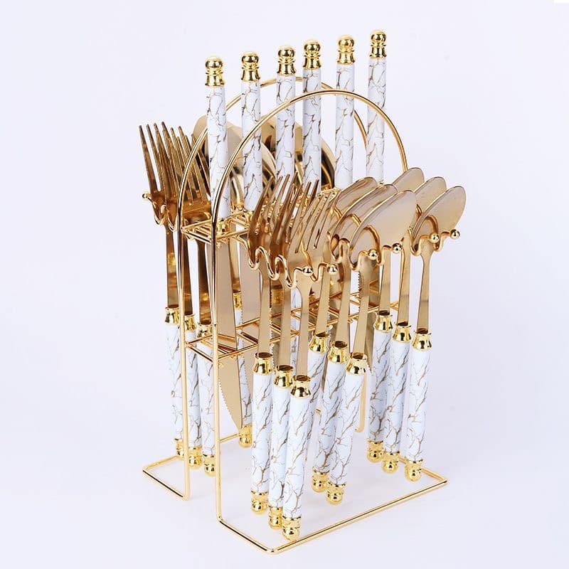 Cross-border Knife Fork Spoon 24-Piece Set Double Bead Marble Pattern Tableware Set with Storage Rack Source Factory Wholesale