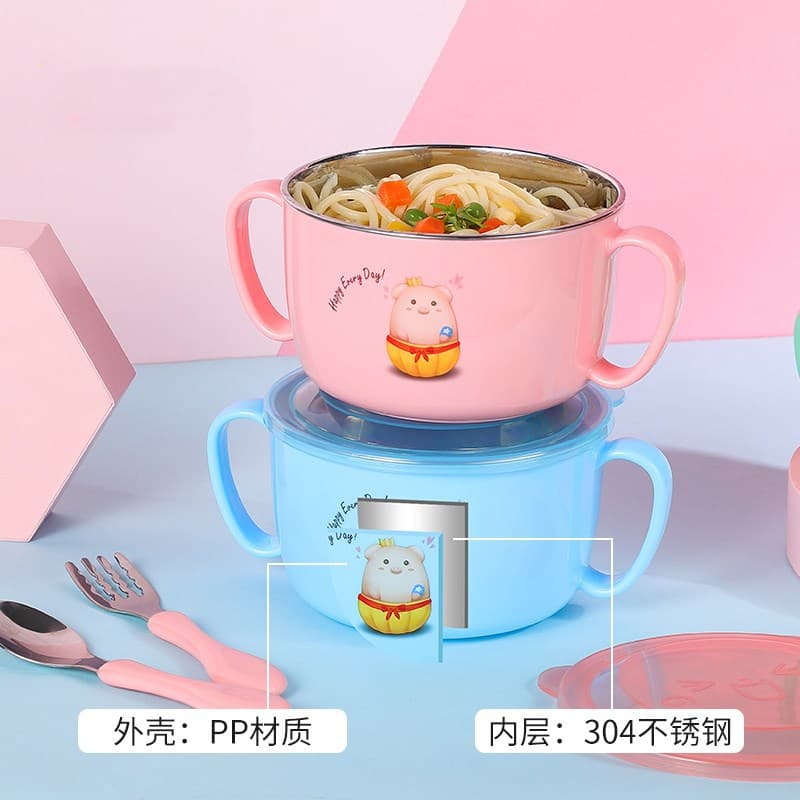 304 Stainless Steel Children's Food Bowl Removable Cartoon Double-layer Insulated Student Rice Bowl Baby Binaural Food Bowl