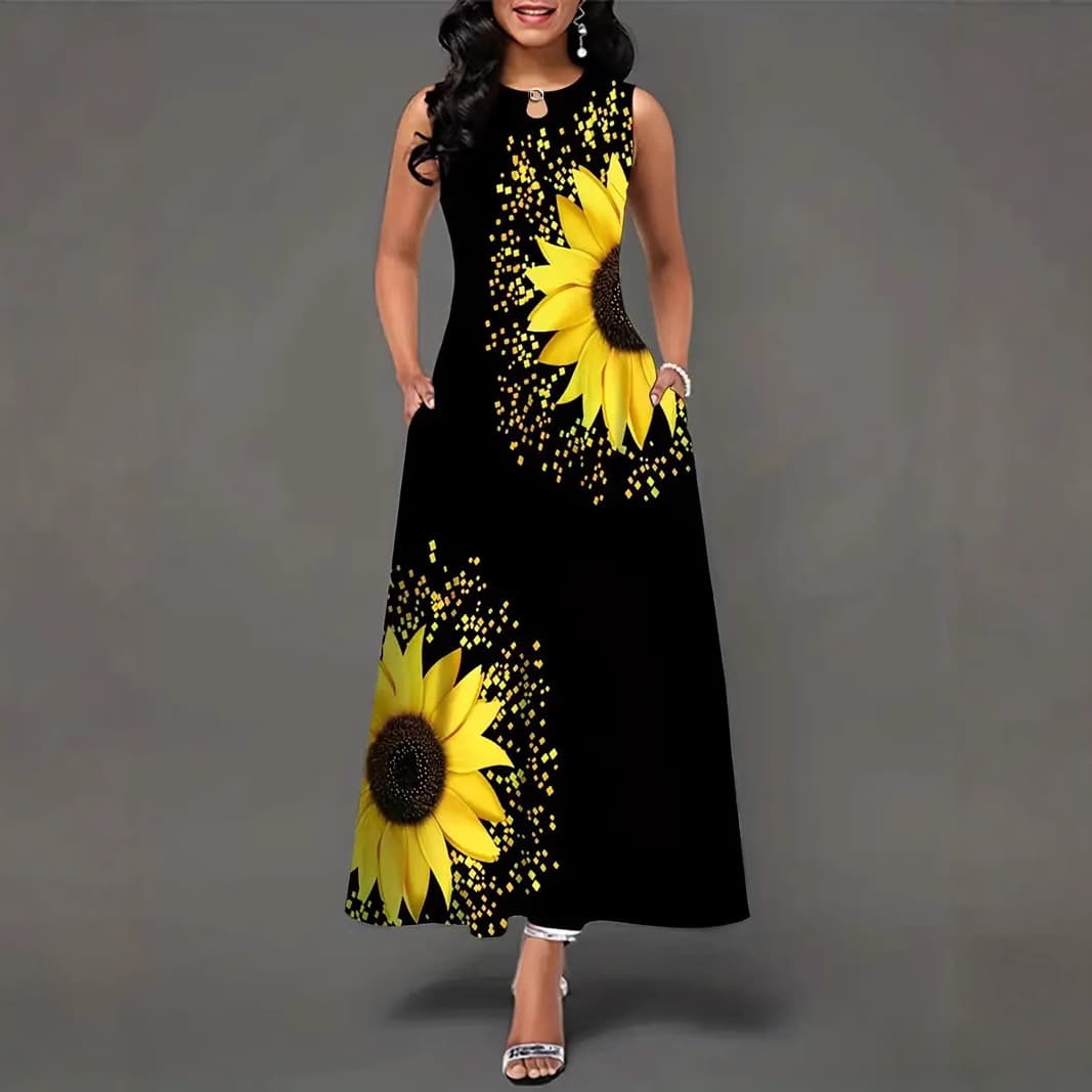 Plus Size Long Sleeveless Dress Women's Large Skirt Print Round Neck Maxi Dress Chinese Brand Summer Casual Fashion Plus Size...