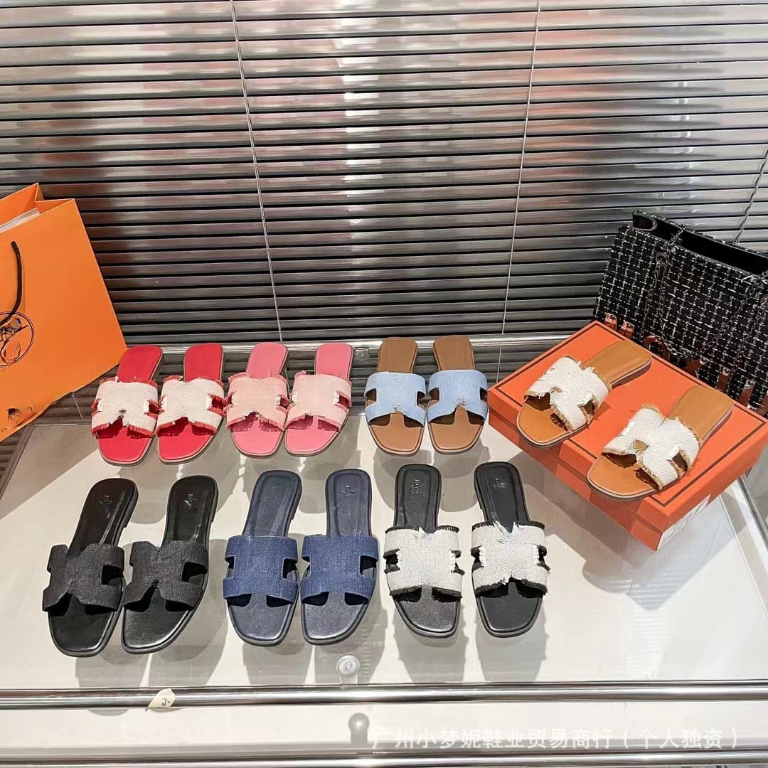 Foreign Trade Top Plate H Flat Slippers Outer Wear 2024 Summer Denim Women's Beach Casual Sandals Hot Selling
