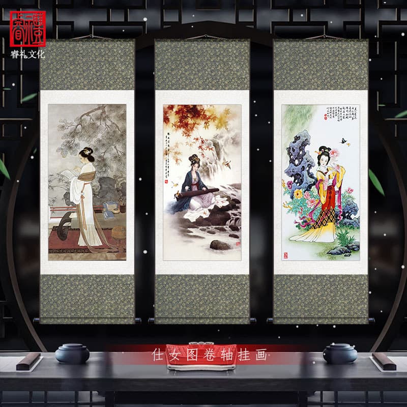 Classical Lady Playing the Qin (a seven-stringed zither) - Decorative Paintings for Hotel Teahouses and Qin Rooms - Scrolls depicting ladies playing the qin, reading, painting, and other beautiful women.