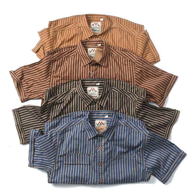Khaki Striped American Retro Distressed Washed Work Shirt Multi-Color Casual Loose Short Sleeve Shirt Trendy 115