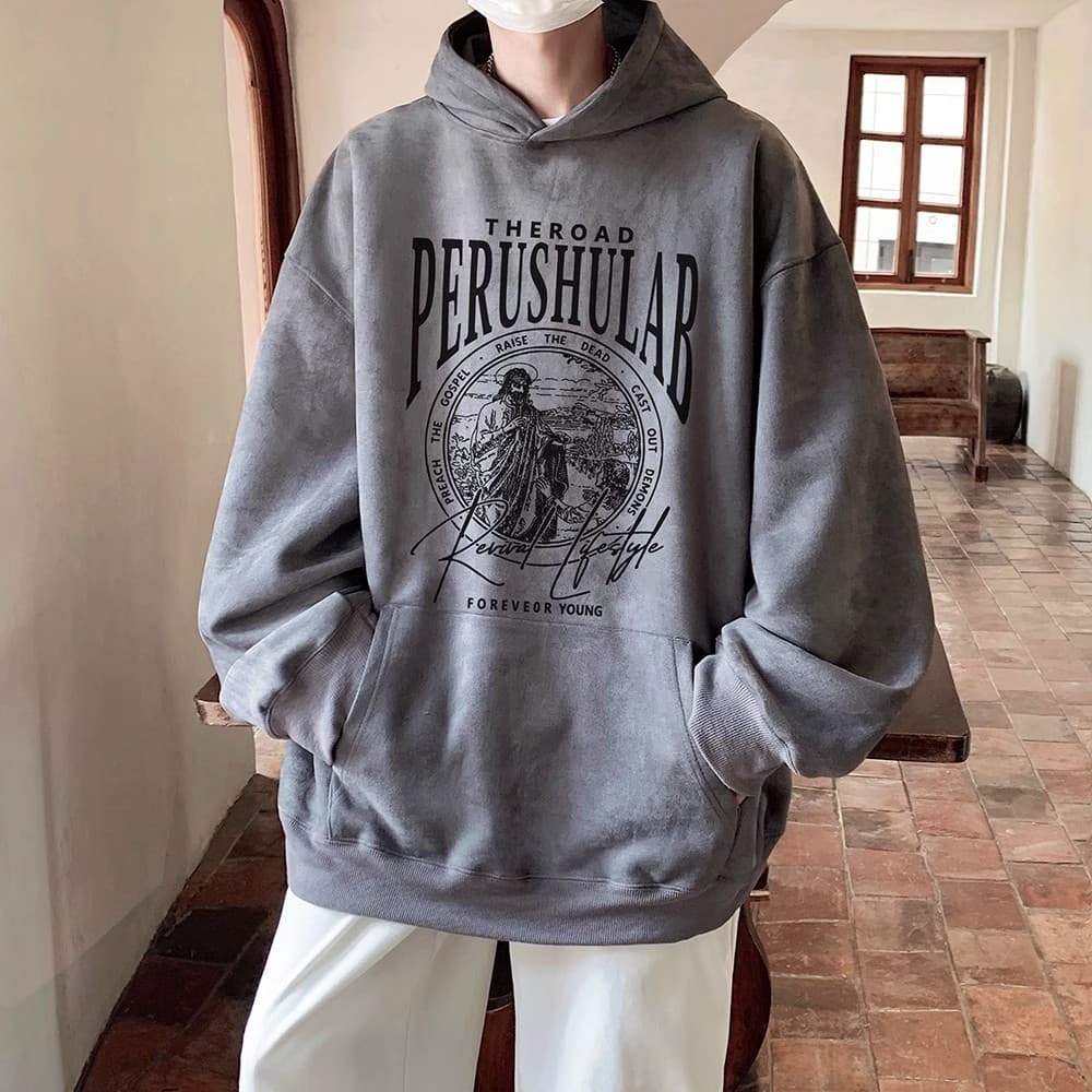 Army green suede heavyweight high street hooded sweatshirt men's American vibe spring and autumn jacket hiphop autumn and winter style