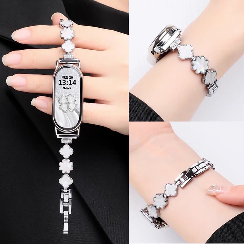 Metal Four-Leaf Clover Mother-of-Pearl Diamond-Inlaid Premium Strap for Xiaomi Mi Band 9, Xiaomi Mi Band 10 Strap 8