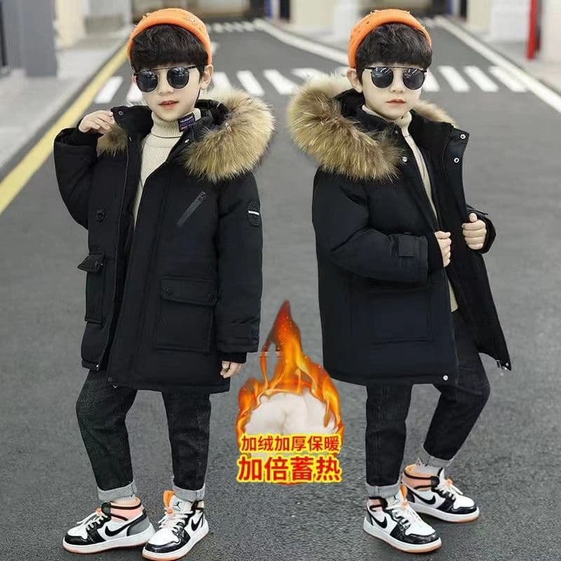 2025 Boys' Mid-Older Kids Down Cotton Long Coat, Boys' Children's Fleece-Lined Fall/Winter Korean Style Outerwear