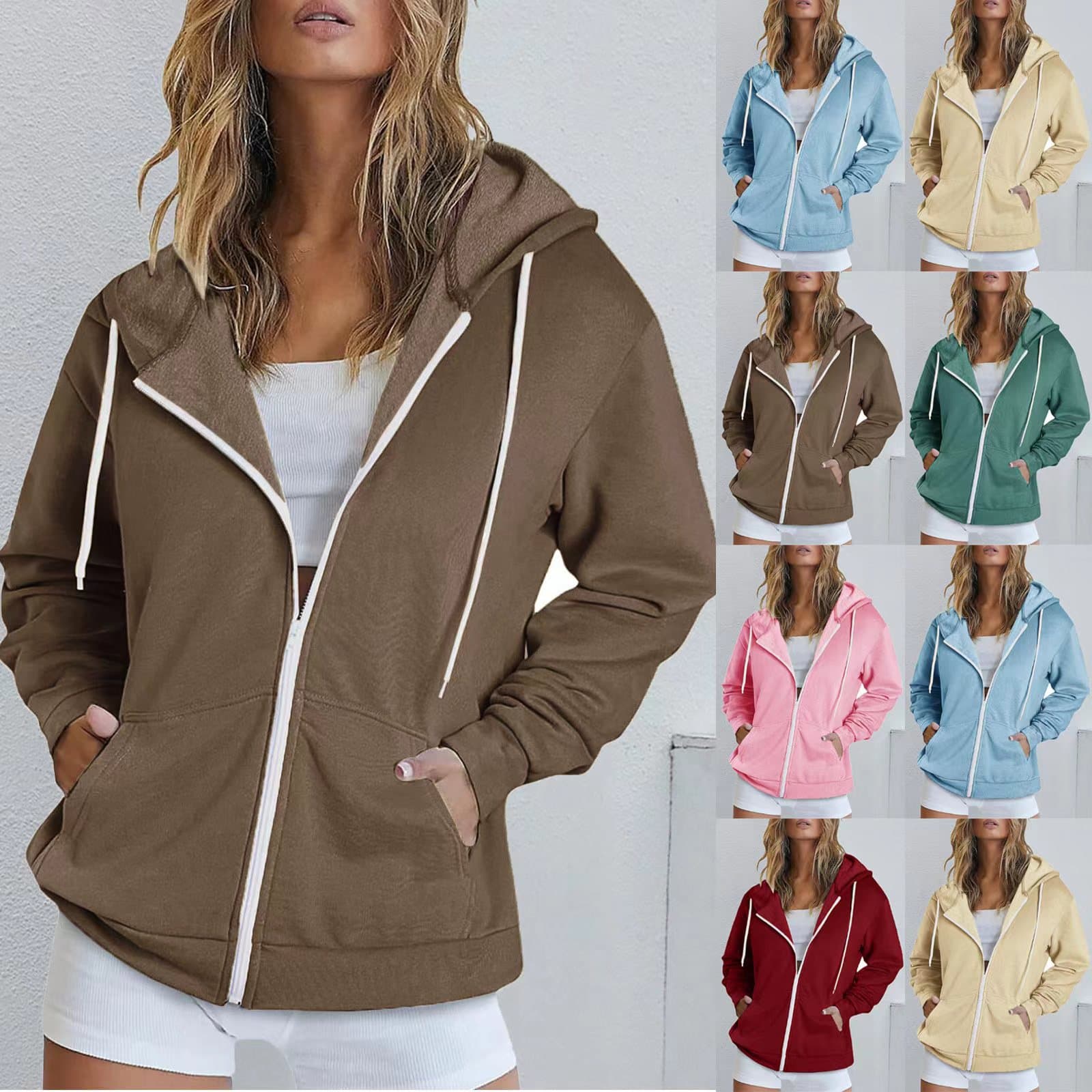 Women's Solid Long Sleeve Pocket Drawstring Hooded Zipper Thickened Fleece Hoodie Cardigan for Amazon Cross-Border