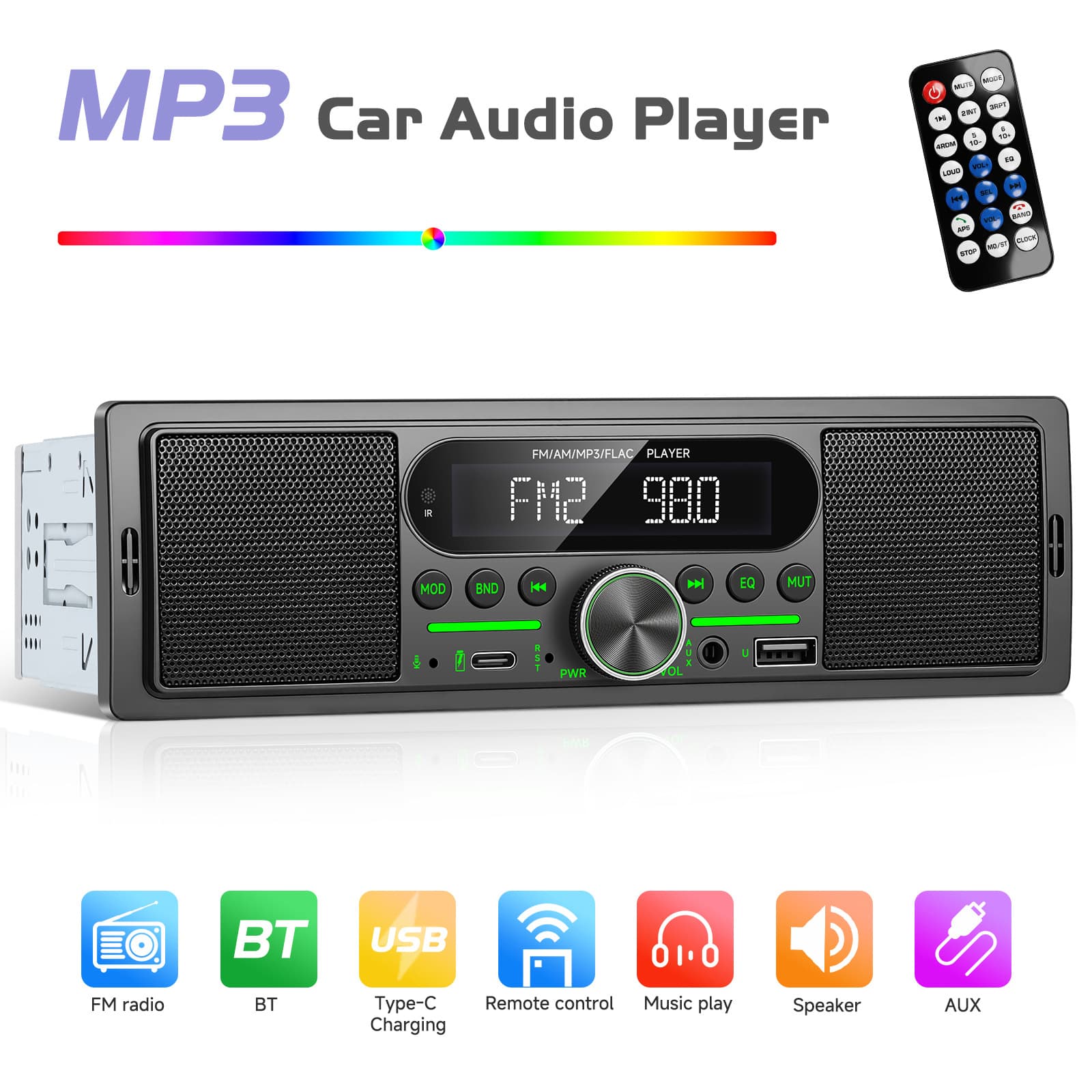 Cross-border single spindle dual Bluetooth car MP3 player 20W speaker amplifier central control colorful lights car FM radio