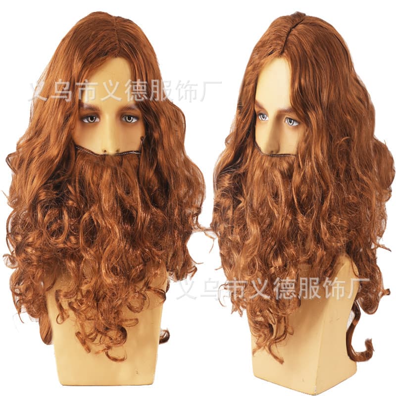 Halloween Jesus Wig Costume Old Man Long Curly Wig European Christmas Beard Brown Wig Funny Headpiece