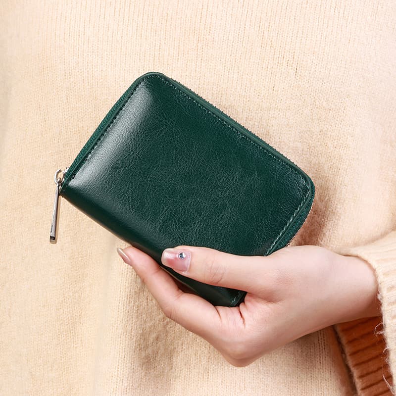 Unisex new oil wax leather simple zipper coin purse genuine leather short card coin key storage bag