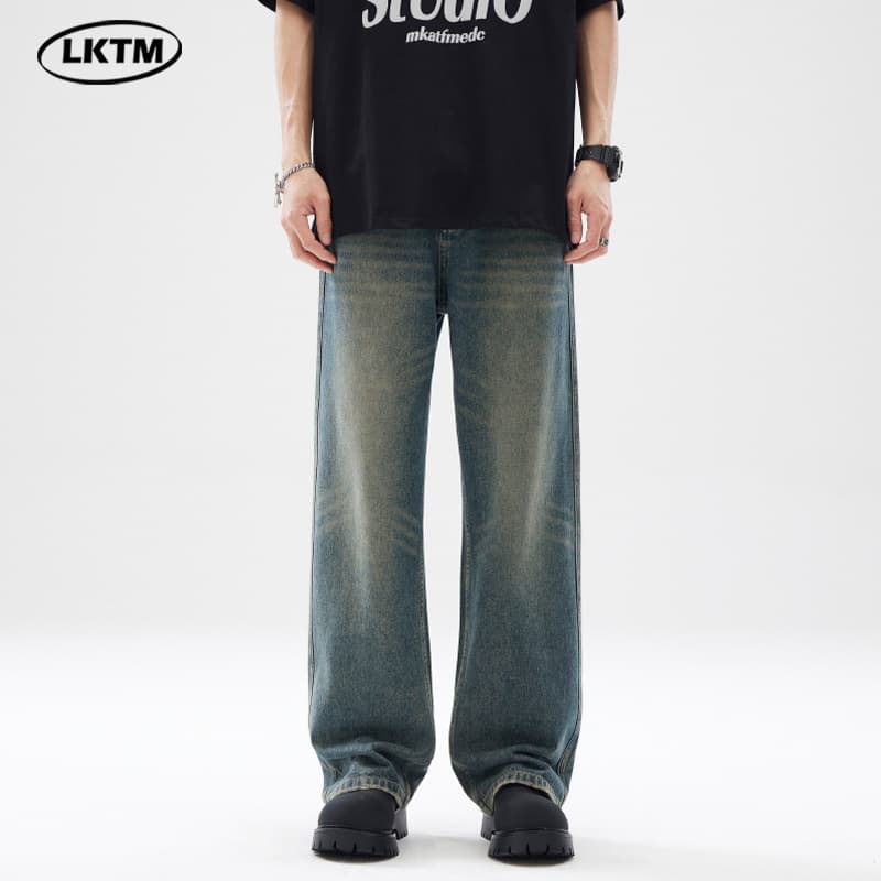 Cleanfit LKTM Men's Loose Fit Vintage Washed Jeans Bell Bottoms American Style Retro Trendy Casual Cotton Long Trousers