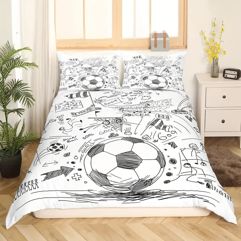 Hand-drawn Style Soccer Duvet Cover, Soft and Comfortable Duvet Cover Bedding Set for Bedroom Guest Room