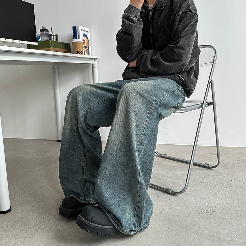 Distressed Denim Jeans for Men 2026 Spring American Vintage Loose Wide Leg Straight Floor-Length Pants Rogue Style