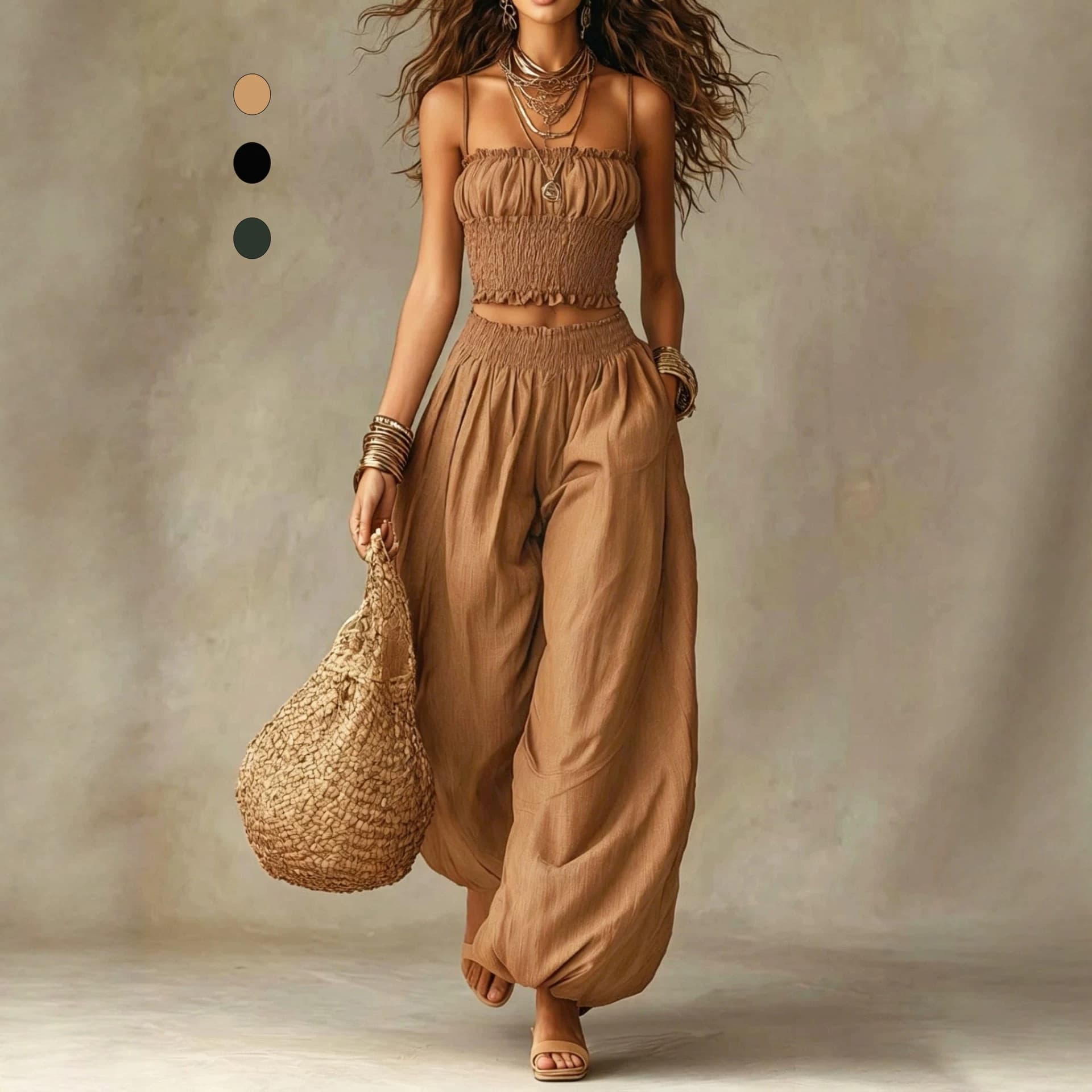 2026 New Elegant Strapless Crop Top with Lantern Pants Set, Vacation Casual Two-Piece Outfit for Cross-Border EU/US Market