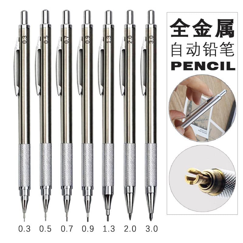 Stainless Steel Mechanical Pencil 0.3 0.5 0.7 0.9 1.3 2.0 3.0mm Metal Active Pencil Drawing