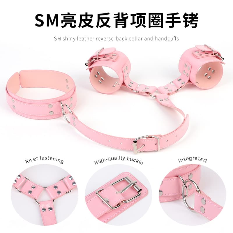 SM Adult Toy Prop Reverse Handcuff Neck Collar Shiny PU Leather Bondage Alternative Toy Drop Shipping
