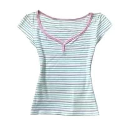 Colorful striped short-sleeved T-shirt for women, pure desire V-neck slim short bottoming shirt, slim and tight inner wear outer top