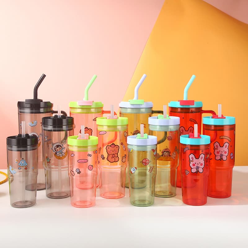Summer Large Capacity Plastic Cup with Handle for Outdoor Use, Children's Cartoon Straw Cup Three-Piece Set, Car Cup