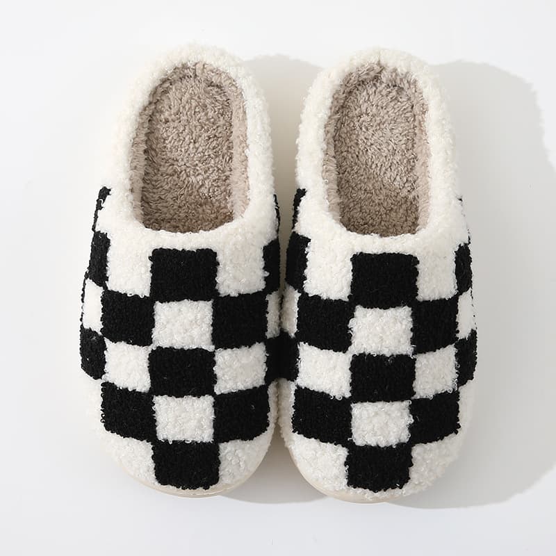 New Comfortable Home Checkerboard Pattern Warm Winter Cotton Slippers for Couples, Men and Women, Thick-Soled Soft-Bottom Cotton Shoes with Extra Thickness and Anti-Slip