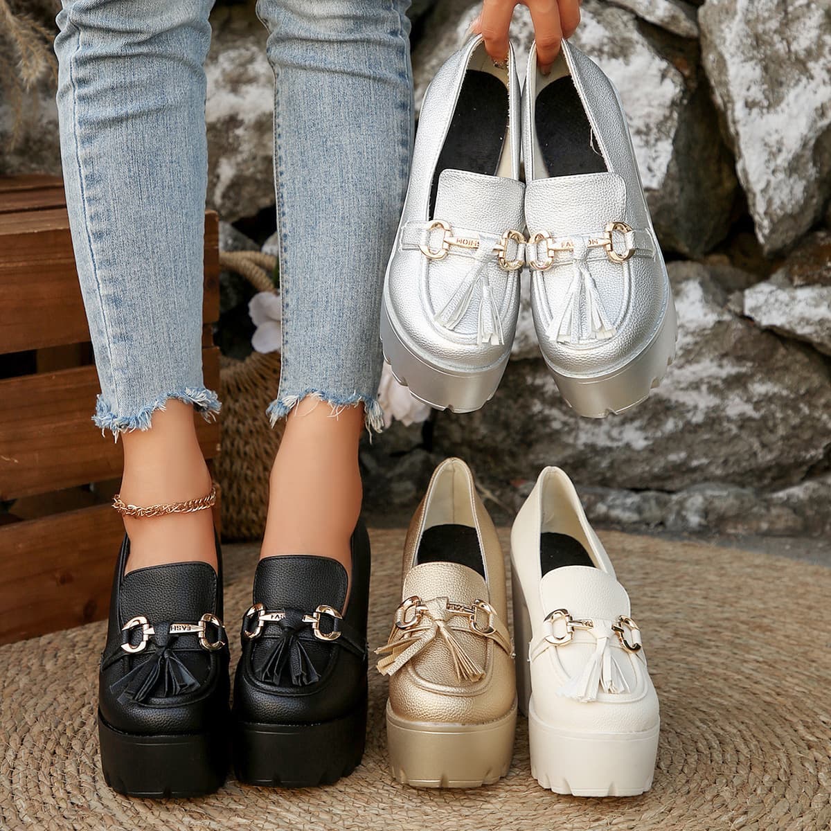 Small Tassel Metal Decoration High Heel Shoes for Women 2025 Autumn New Chunky Heel Export Large Size Office Shoes