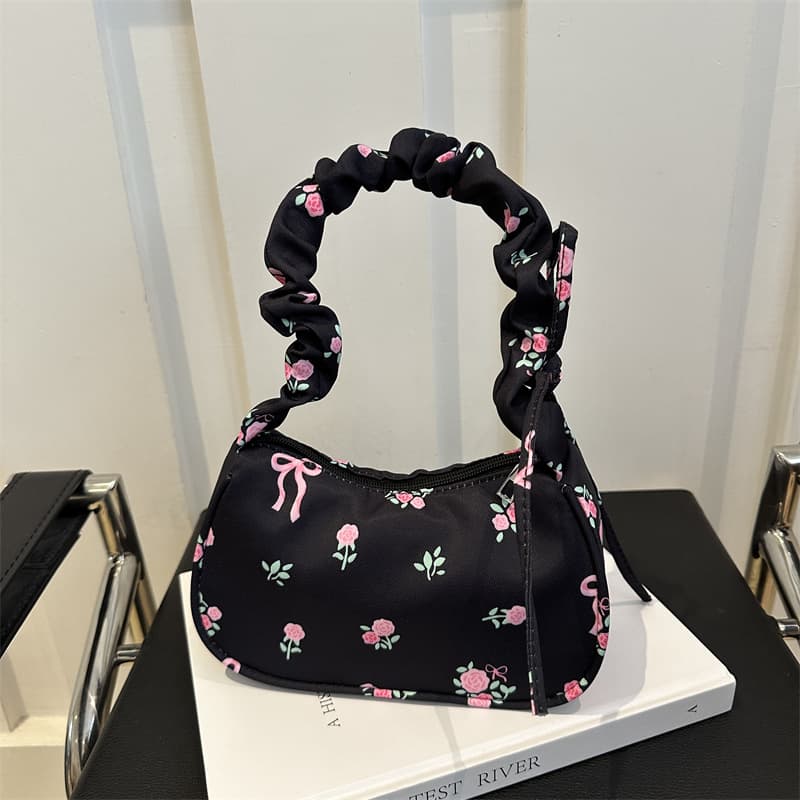 Gentle Sweet Floral Canvas Bag for Women 2024 New Printed Shoulder Bag High-Aesthetic Versatile Bow Underarm Bag